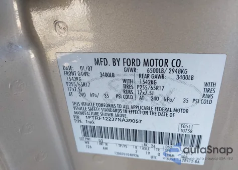 2007 Ford F-150 Stx/Xl/Xlt z USA, uszkodzony, nr VIN 1FTRF12237NA39057